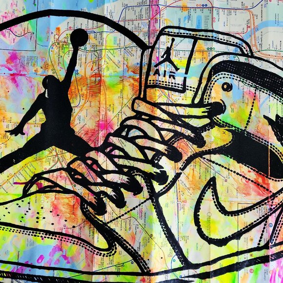 Handpainted Air Jordan Sneaker Acrylic Painting Pop Art on NYC Subway Map - Picture 3 of 8